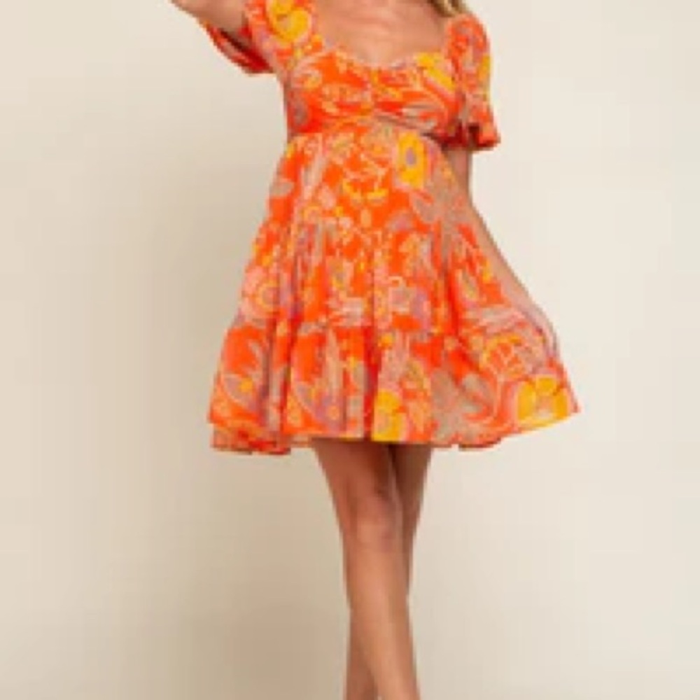 PinkBlush Maternity Floral Orange Puff-Sleeve Mini Dress